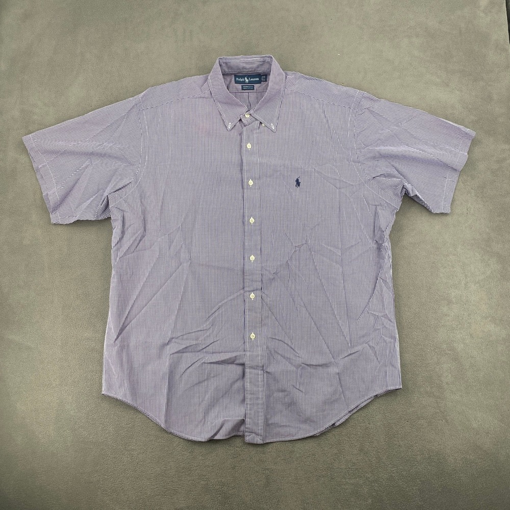 Ralph Lauren Yarmouth Mens 17-35 Purple Gingham Cotton Short Sleeve Button Down